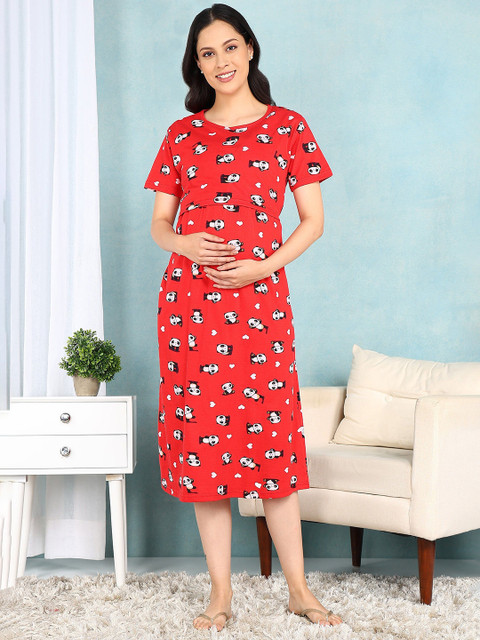 Moms Ever Panda Red Cross-neck Maternity Loungewear Dress