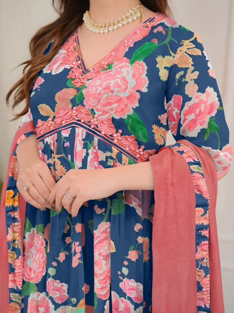 KREADAA Women Floral Printed Empire Thread Work Kurta with Palazzos & Dupatta - Image 2