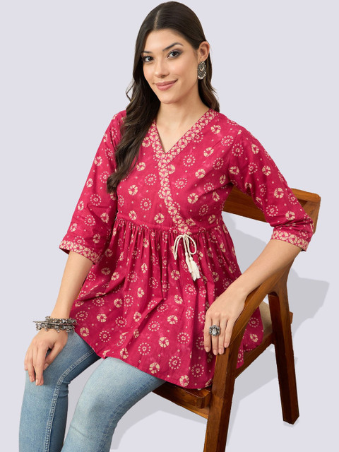VANSIRI Women PINK Cotton Printed Tunic with Tassel Tie Detail