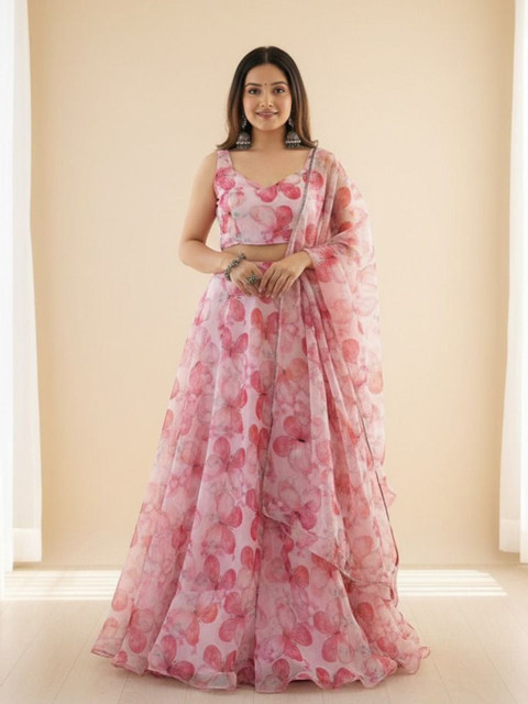 LIPS CROWN Floral Printed Organza Semi-Stitched Lehenga & Blouse With Dupatta