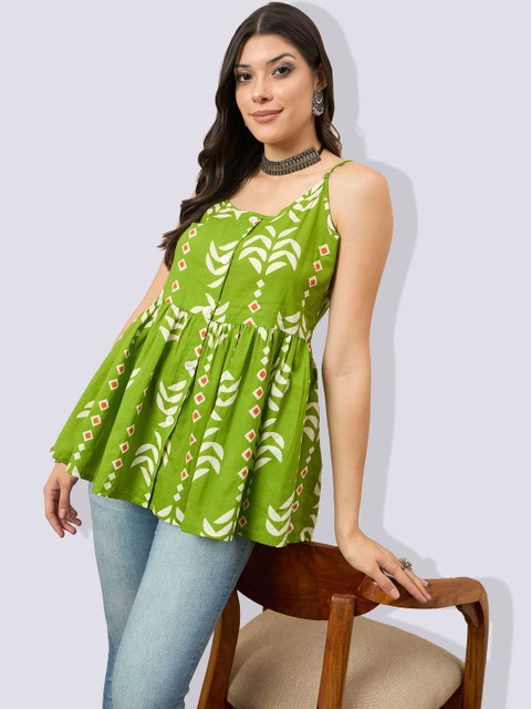 VANSIRI Women Geometric Printed Gathered Sleeveless Flared Cotton Peplum Top