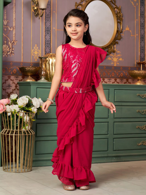 BAESD Girls Rani Sequin Embroidery Georgette Lehenga Choli Saree With Attached Dupatta