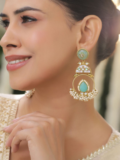 Rubans 22K Gold-Plated Stones Studded & Pearls Beaded Enamelled Circular Drop Earrings