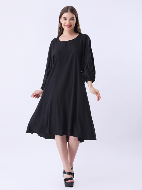 Qurvii Women Solid Puff Sleeve A-Line Midi Dress with Polka Dot Bow