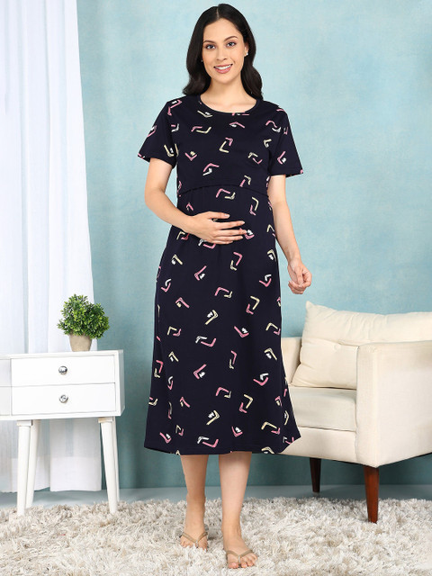 Moms Ever Navy Abstratct Cross-neck Maternity Loungewear Dress