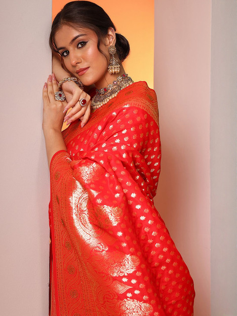 Libas Red Woven Design Banarasi Silk Blend Saree With Unstitched Blouse Piece