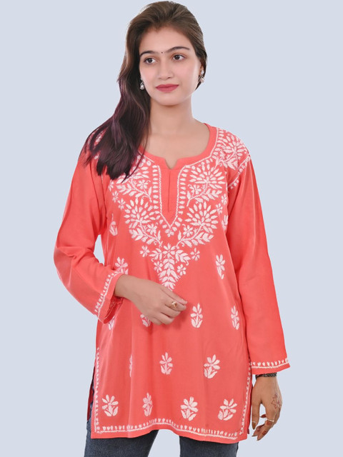MALABIS Floral Embroidered Chikankari Straight Kurti