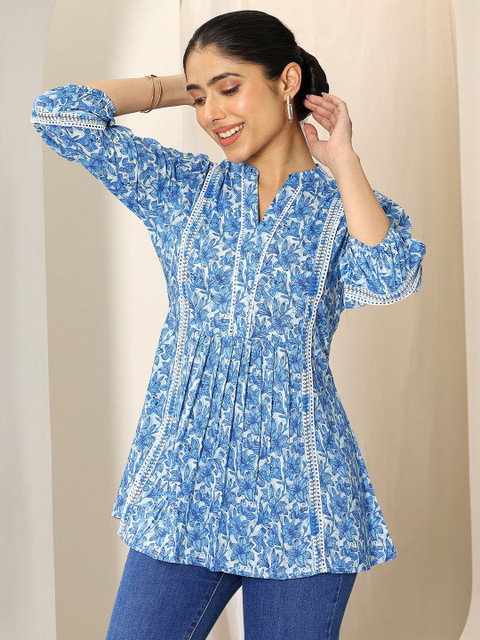 Libas Floral Printed Mandarin Collar Panelled A-Line Kurti