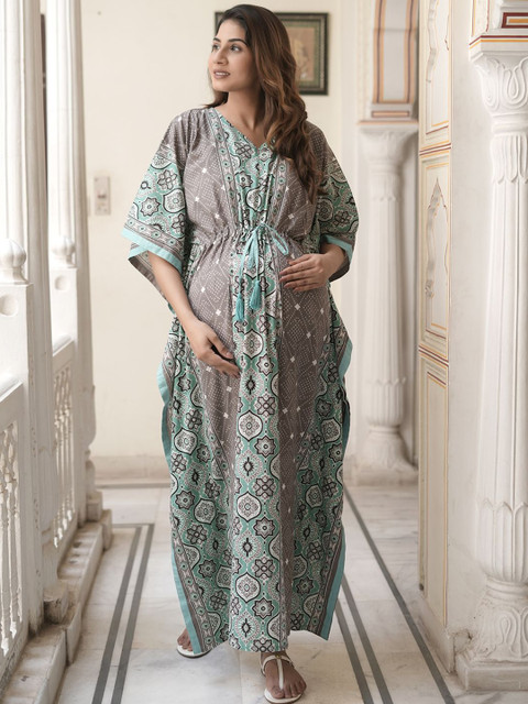 Aujjessa Women Ethnic Motifs Printed V-Neck Maternity Feeding Kaftan Maxi Dress