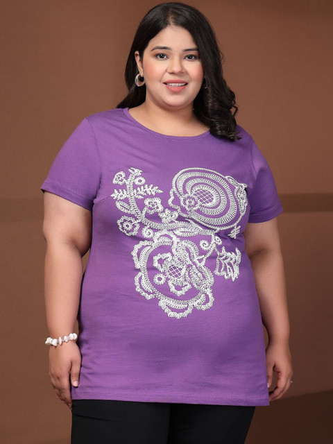 plusS Women Plus Size Abstract Printed Round Neck Cotton T-shirt