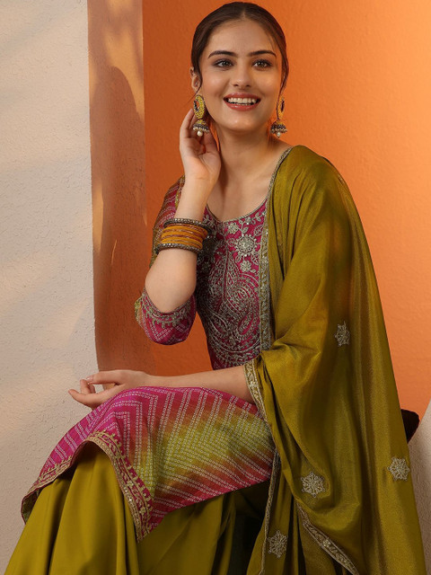 Libas Women Leheriya Dyed Regular Thread Work Kurta with Sharara & Dupatta