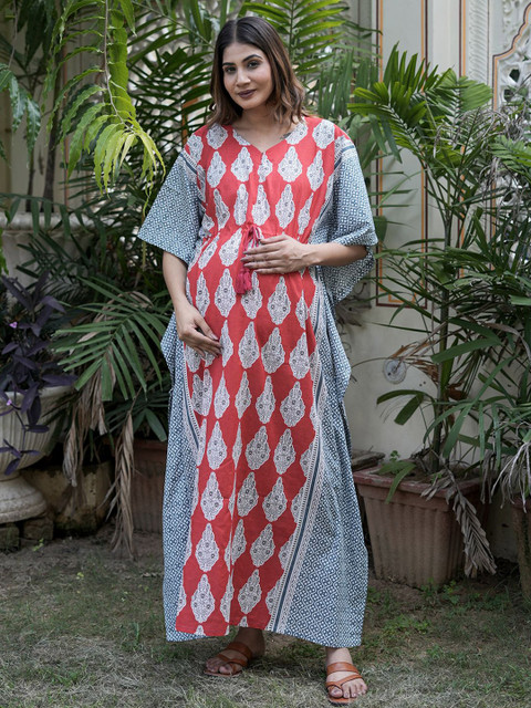 Aujjessa Women Ethnic Motifs Printed Round Neck Maternity Feeding Kaftan Maxi Dress