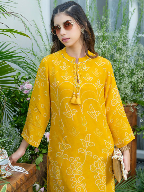 Mustard Natural Crepe Embroidered Kurta with Palazzo Co-ord Set - Image 2