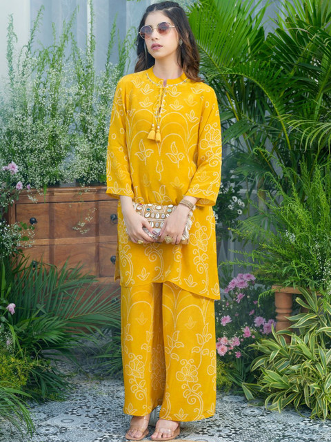 Mustard Natural Crepe Embroidered Kurta with Palazzo Co-ord Set - Image 6