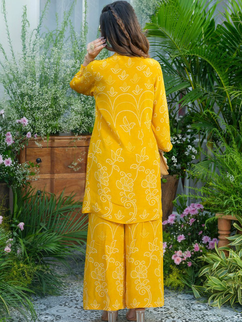 Mustard Natural Crepe Embroidered Kurta with Palazzo Co-ord Set - Image 5