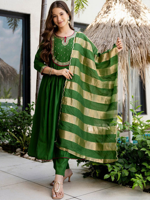 KALINI Ethnic Motifs Embroidered Sequinned Chanderi Silk Kurta With Trousers & Dupatta