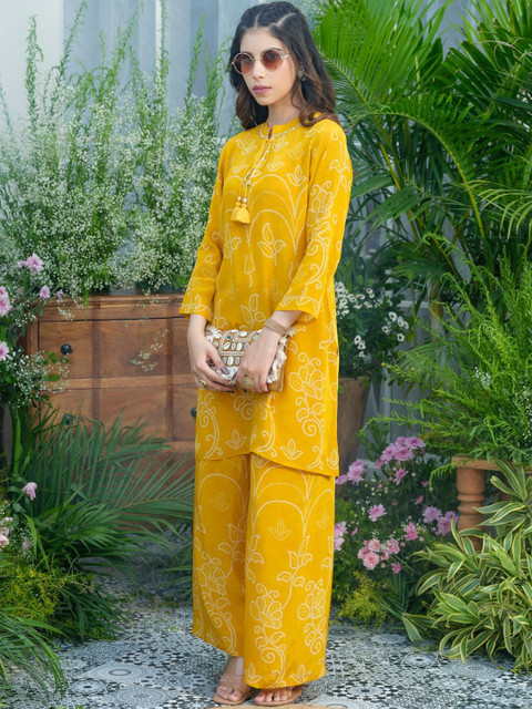 Mustard Natural Crepe Embroidered Kurta with Palazzo Co-ord Set - Image 3
