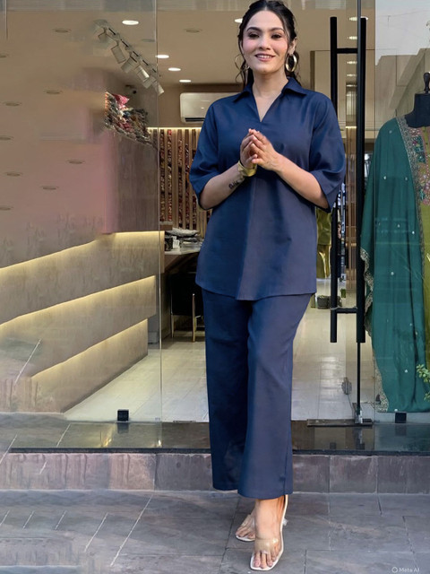 ALLEN WEAVE Women Shirt Collar Top With Trouser Co-Ords