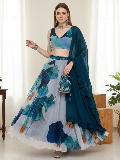 LIPS CROWN Printed Unstitched Organza Lehenga & Blouse With Dupatta
