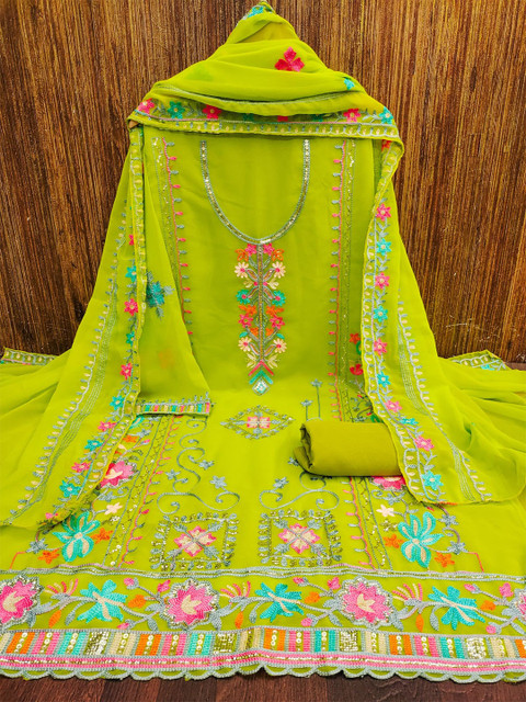 Rangtulika Ethnics Floral Embroidered Thread Work Organza Unstitched Dress Material
