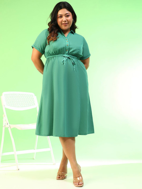 Oxolloxo Plus Size Shirt Collar Fit & Flare Midi Dress