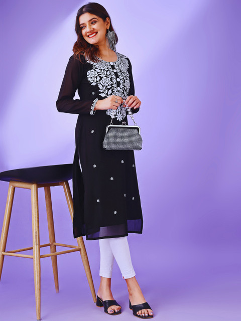 HESVI Floral Embroidered Chikankari Georgette Kurta