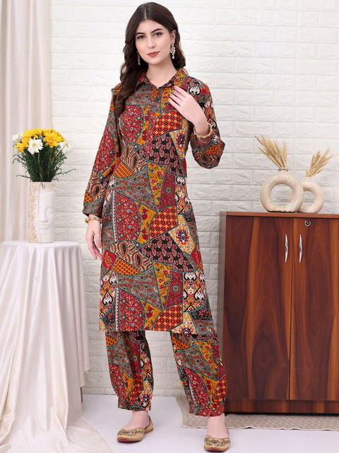SINGNI Printed Shirt Collar Tunic With Dhoti Pants