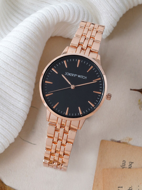 JOKER & WITCH Women Black Embellished Dial & Rose Gold Toned Straps Analogue Watch
