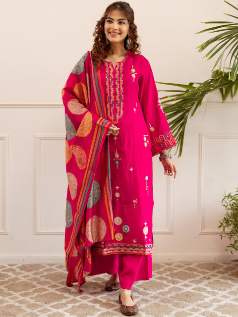 Sangria Women Embroidered Regular Thread Work Kurta with Palazzos & With Dupatta