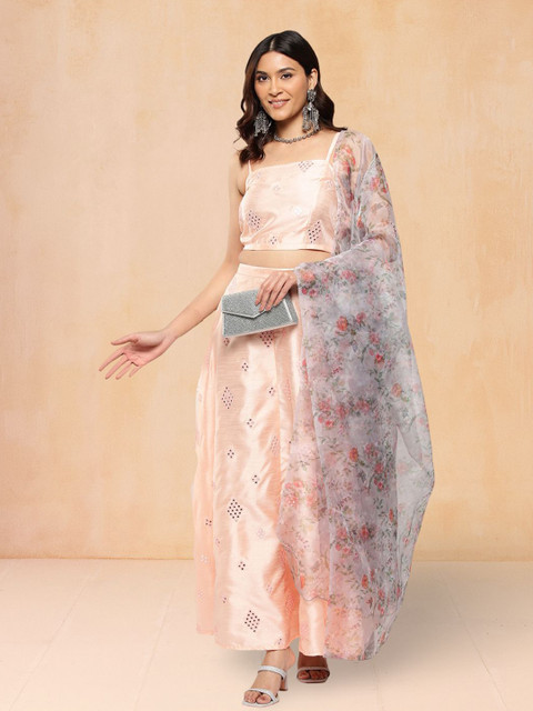 Jompers Embroidered Mirror Work Ready To Wear Dupion Silk Lehenga & Blouse With Dupatta