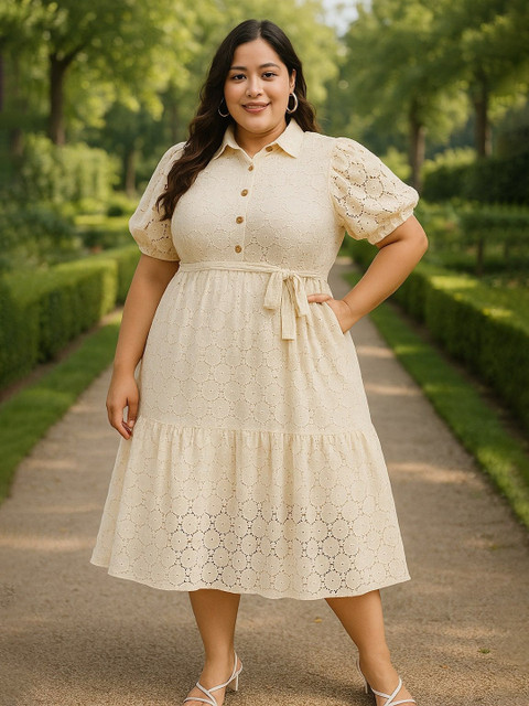 all about you Women Plus Size Puff Sleeve Belted Detail Schiffli Fit & Flare Midi Dress