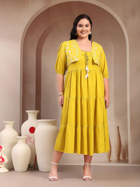 Little More By Stylum Plus Size Floral Embroidered Fit and Flare Midi Dress With Jacket