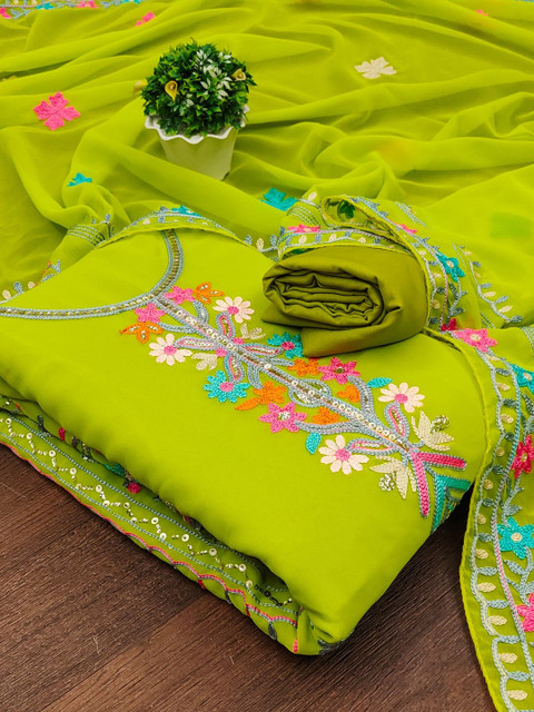 Rangtulika Ethnics Floral Embroidered Thread Work Organza Unstitched Dress Material - Image 3