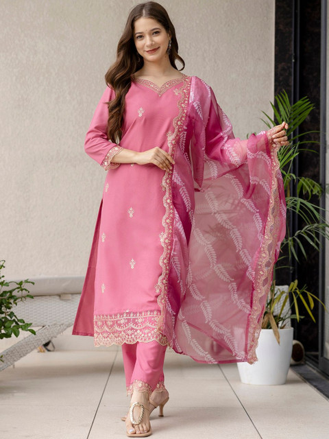 KALINI Ethnic Motifs Embroidered Thread Work Straight Kurta & Trousers With Dupatta