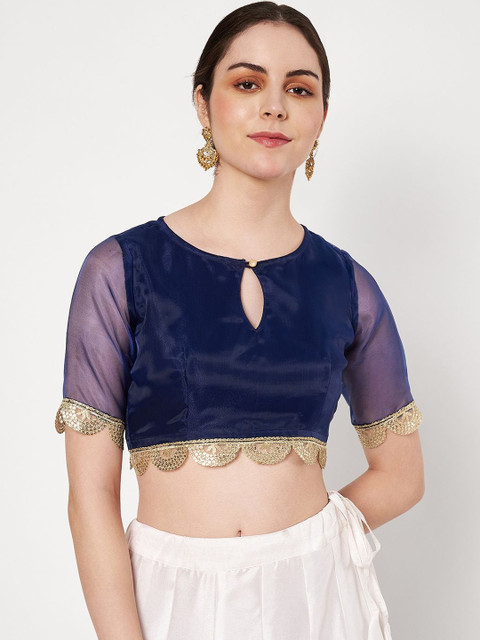 studio rasa Keyhole Neck Ethnic Short Sleeves Organza Crop Top