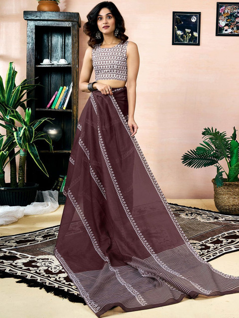 SANISA Floral Printed Ready To Wear Saree With Unstiched Blouse - Image 4