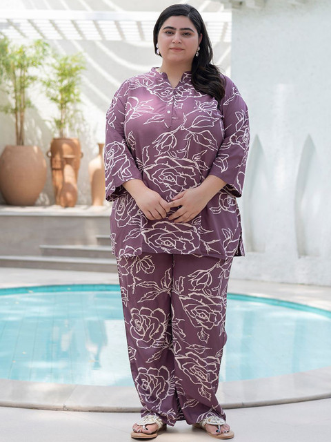 TITTLI Plus Size Floral Printed Mandarin Collar Tunic & Trouser