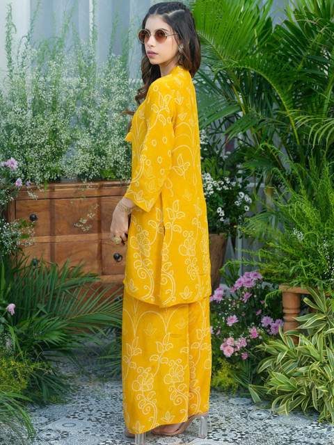 Mustard Natural Crepe Embroidered Kurta with Palazzo Co-ord Set - Image 4