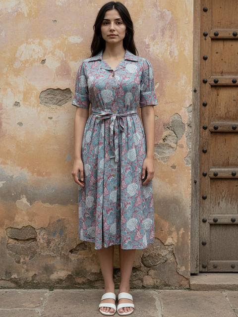 Rangita Floral Print Belted Shirt Collar A-Line Midi Dress