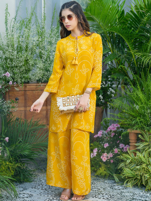 Mustard Natural Crepe Embroidered Kurta with Palazzo Co-ord Set - Image 7
