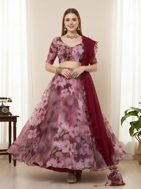 LIPS CROWN Printed Semi-Stitched Organza Lehenga & Ready To Wear Blouse With Dupatta