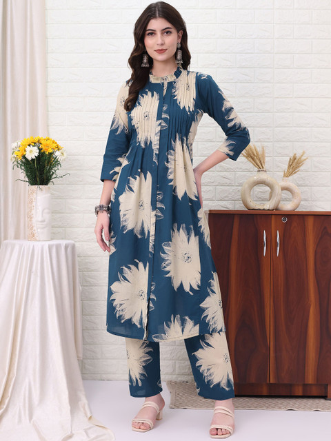 SINGNI Printed Mandarin Collar Pure Cotton Tunic With Trousers
