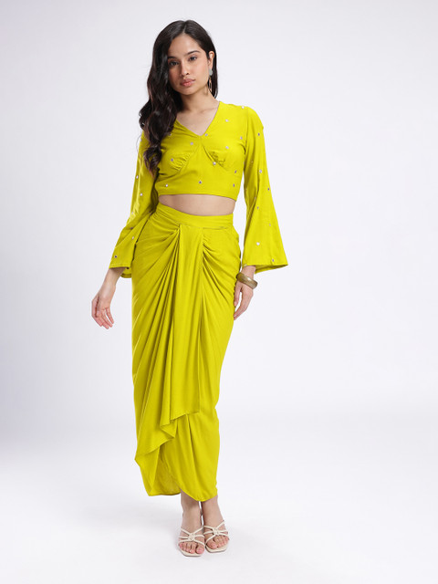 fusion by glitchez Mirror Work V-Neck Styled Back Pleated Co-Ords with Tie-Ups