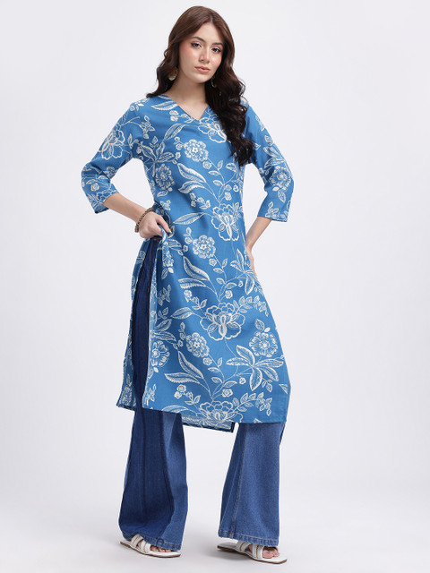 Anouk Rustic Floral Printed V-Neck Straight Kurta