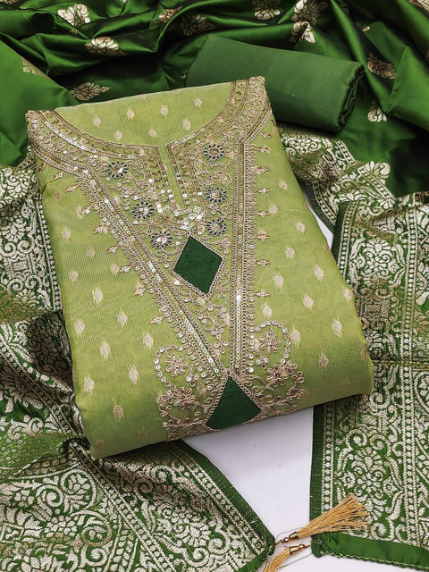 HMP Fashion Ethnic Motifs Embroidered Sequinned Chanderi Silk Unstitched Dress Material