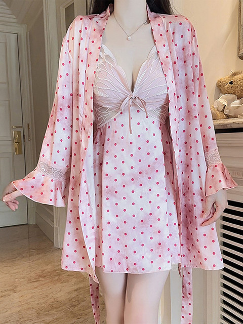 LULU & SKY Polka Dots Print Night dress with Robe