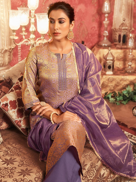 SANISA Floral Woven Design Zari Straight Kurta With Trousers & Dupatta