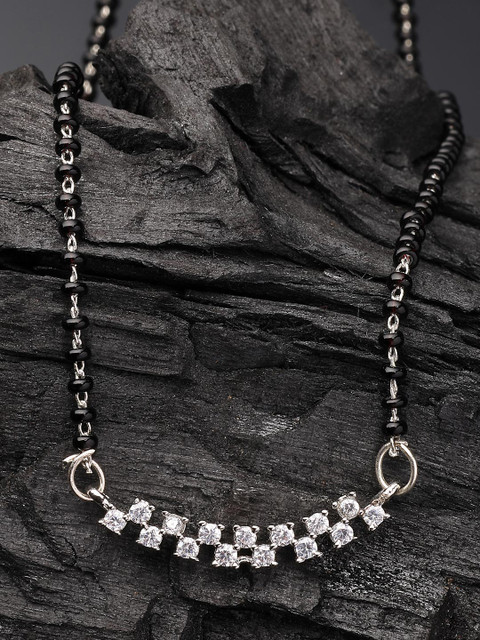 ADIVA Silver-Plated Cubic Zirconia Studded & Beaded Mangalsutra