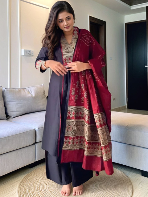 SZN Ethnic Motifs Embroidered V-Neck Empire Straight Kurta With Palazzos & Dupatta