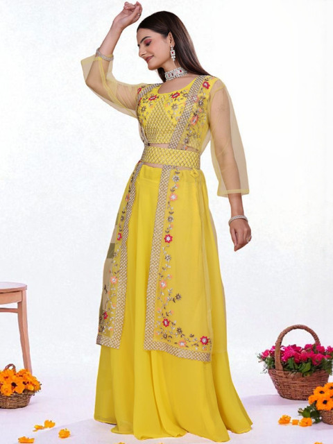 Pantos Embroidered Round Neck Ready To Wear Lehenga Choli With Jacket